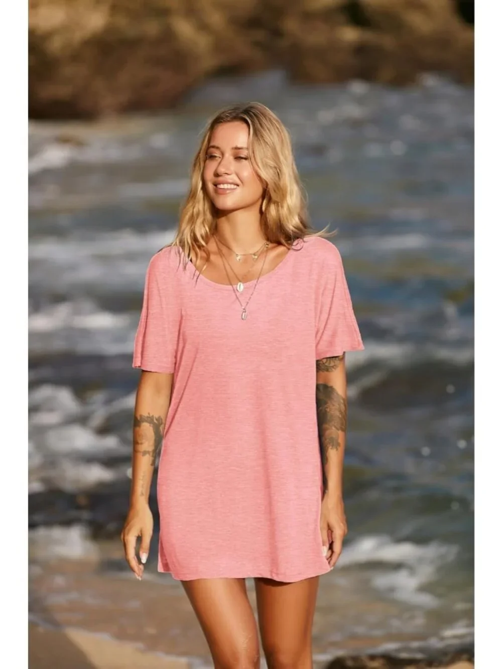 Women's Pink Stylish Short Sleeve Cover Ups for Beach Bathing Suit Swimwear